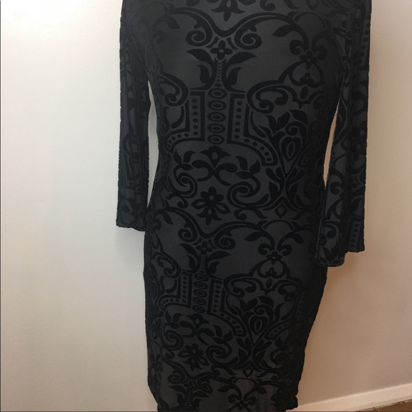 💓Black burn-out stretch velour knee-length sheath dress/tunic w/3/4 bell … - Picture 4 of 6